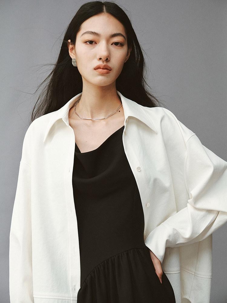 FUSSED Linenlike Polo Button Long Sleeve Relaxed Drop Shoulder Women&