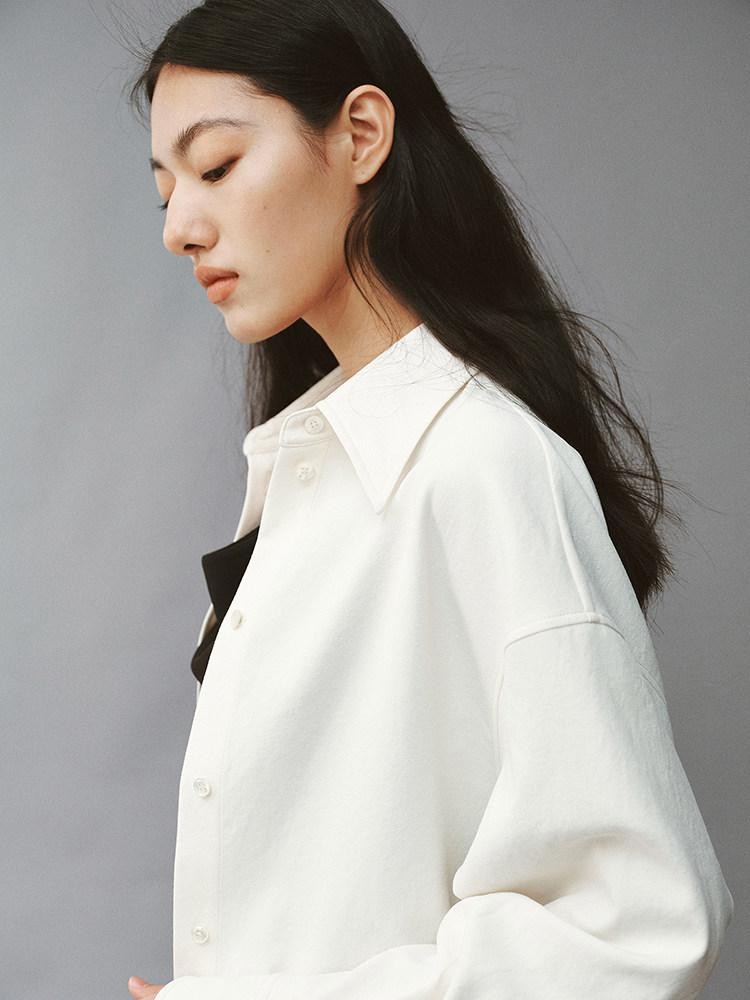 FUSSED Linenlike Polo Button Long Sleeve Relaxed Drop Shoulder Women&