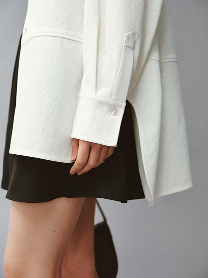 FUSSED Linenlike Polo Button Long Sleeve Relaxed Drop Shoulder Women&