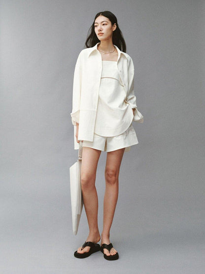 FUSSED Linenlike Polo Button Long Sleeve Relaxed Drop Shoulder Women&