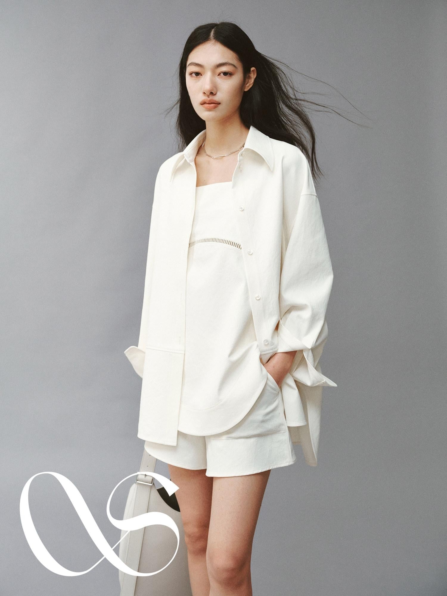 FUSSED Linenlike Polo Button Long Sleeve Relaxed Drop Shoulder Women&