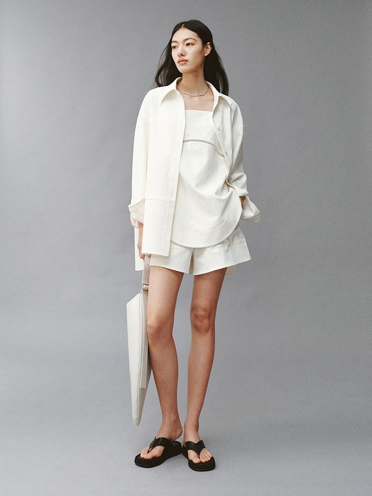 FUSSED Linenlike Polo Button Long Sleeve Relaxed Drop Shoulder Women&