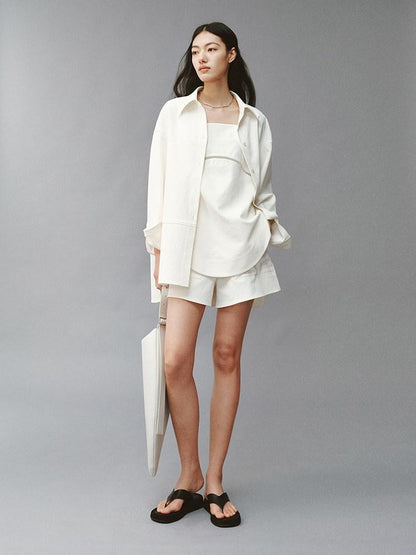 FUSSED Linenlike Polo Button Long Sleeve Relaxed Drop Shoulder Women&