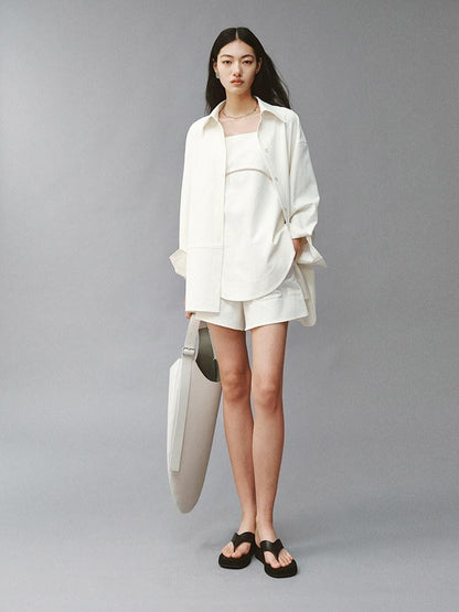 FUSSED Linenlike Polo Button Long Sleeve Relaxed Drop Shoulder Women&