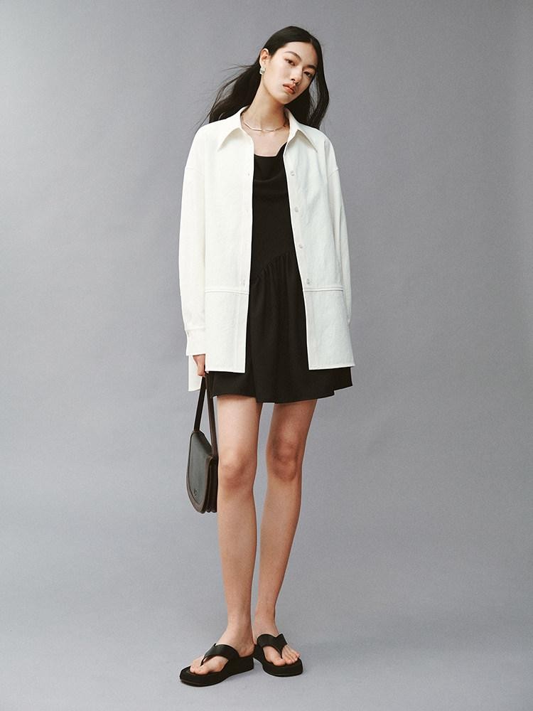 FUSSED Linenlike Polo Button Long Sleeve Relaxed Drop Shoulder Women&