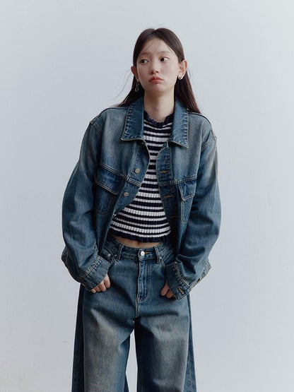 FUSSED Low Rise Vintage Blue Wide Leg Denim Jeans for Women