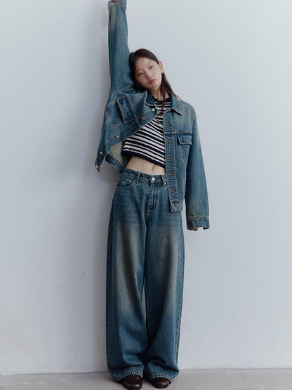 FUSSED Low Rise Vintage Blue Wide Leg Denim Jeans for Women