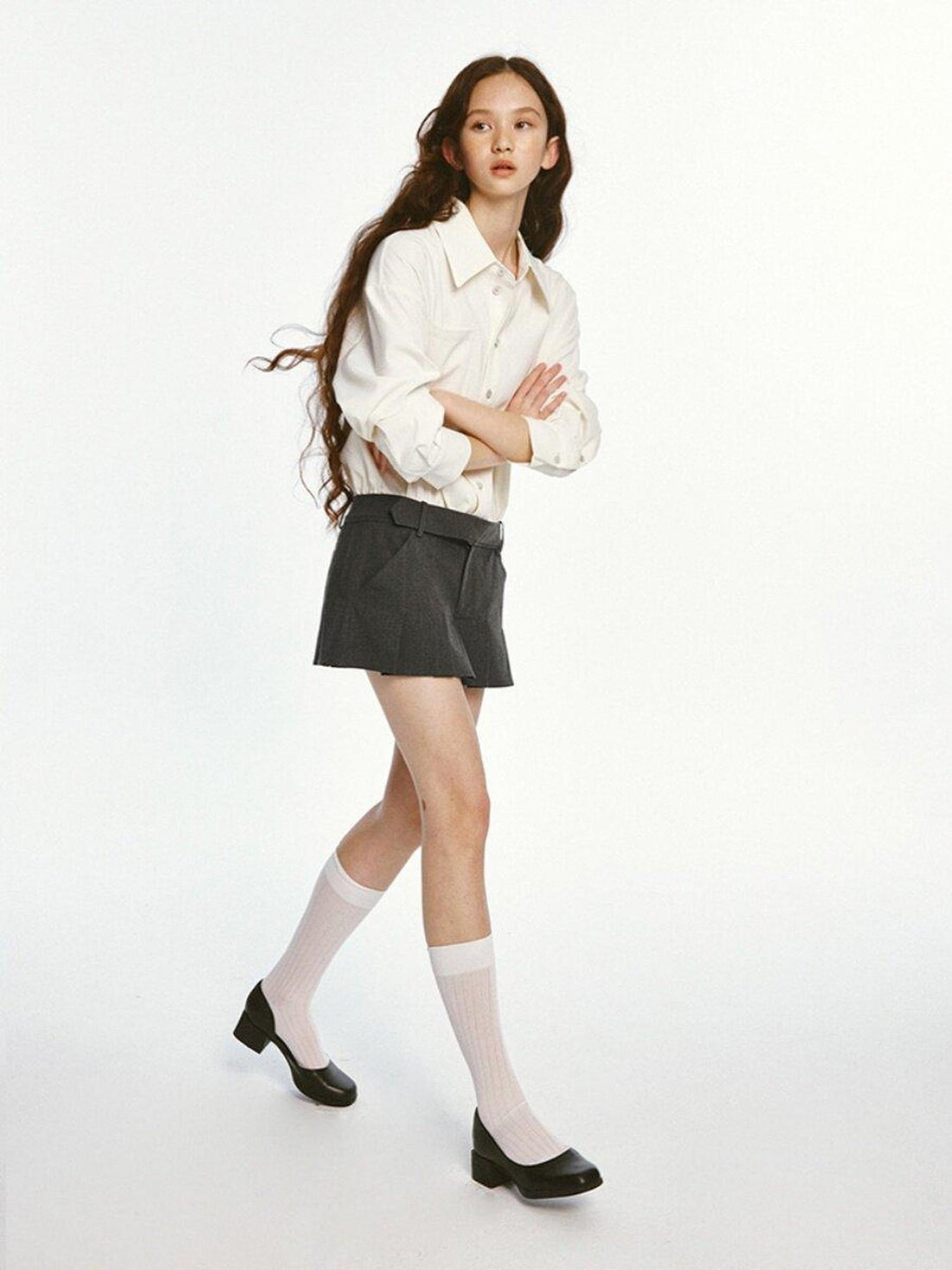 FUSSED Low Waist Preppy Pleated Layered Office Women Dark Gray Cream Mini Skirt