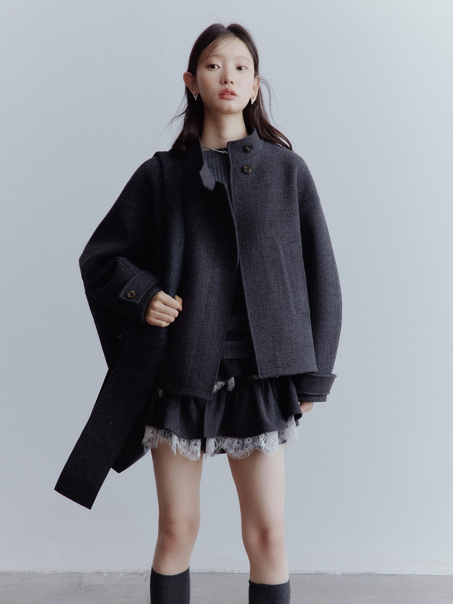 FUSSED Manta Wool Blend Textured Asymmetric Collar Coat