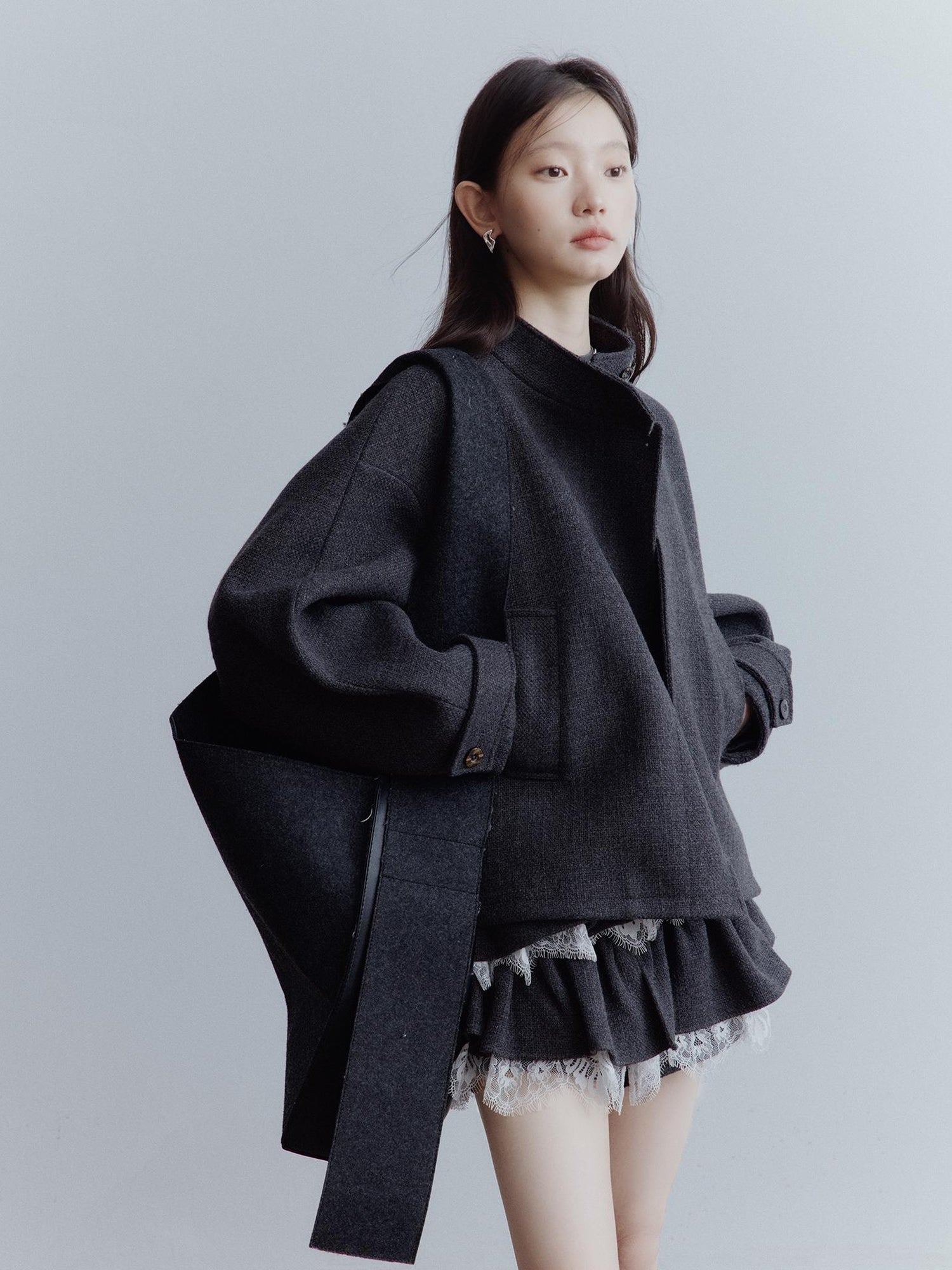 FUSSED Manta Wool Blend Textured Asymmetric Collar Coat