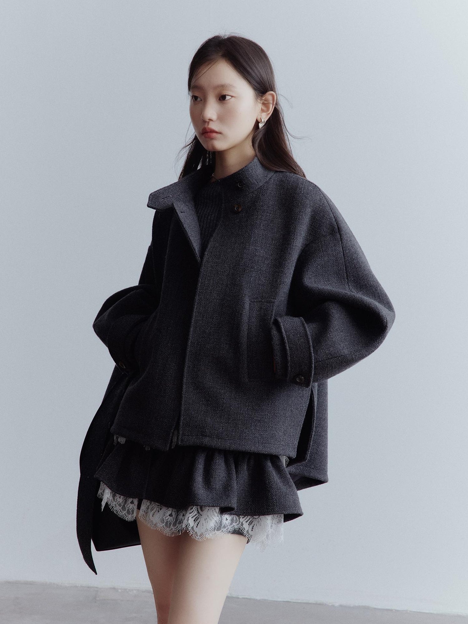FUSSED Manta Wool Blend Textured Asymmetric Collar Coat