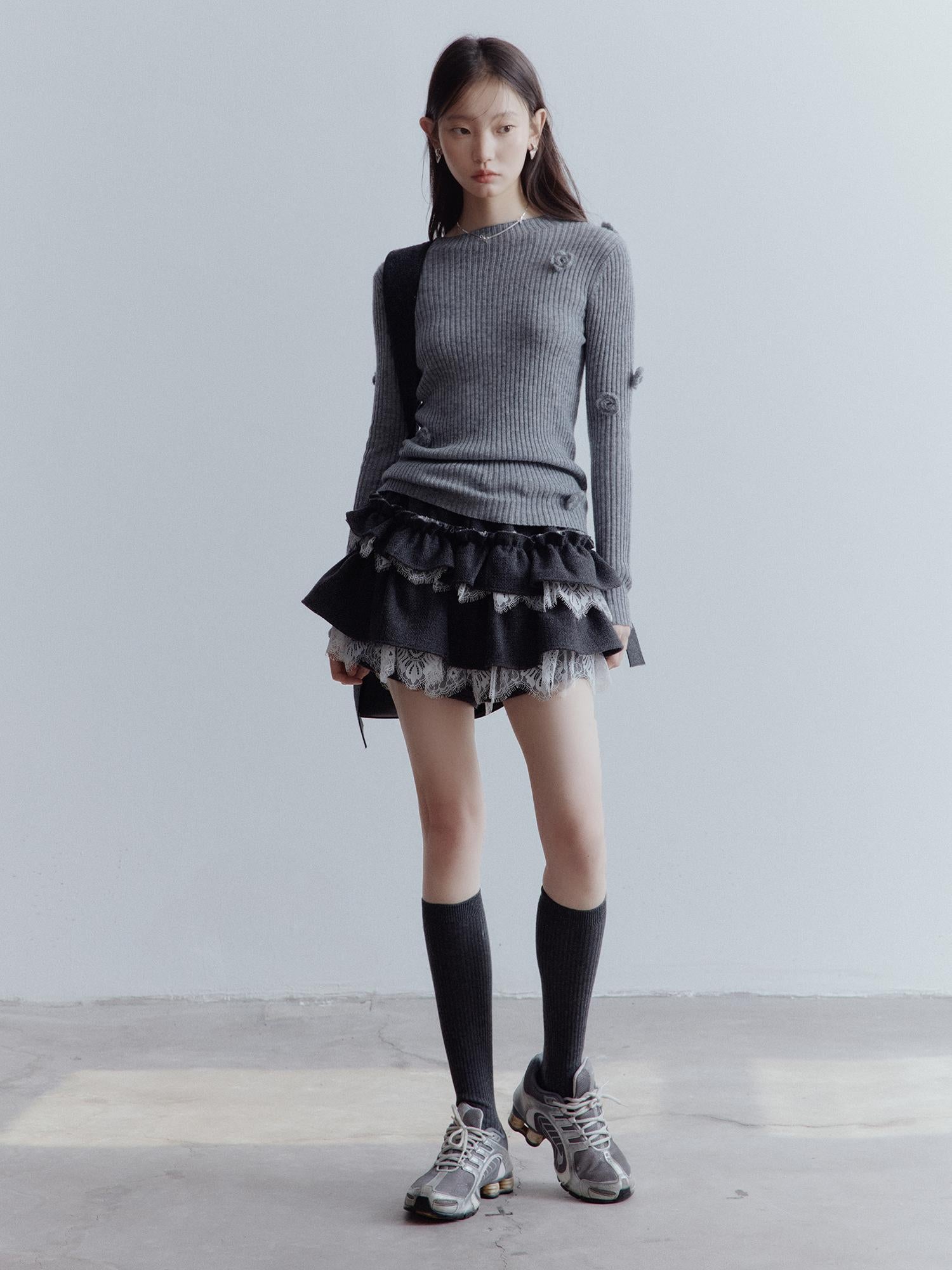 FUSSED Manta Wool Lace Asymmetrical A Line Skort In Meteor Grey