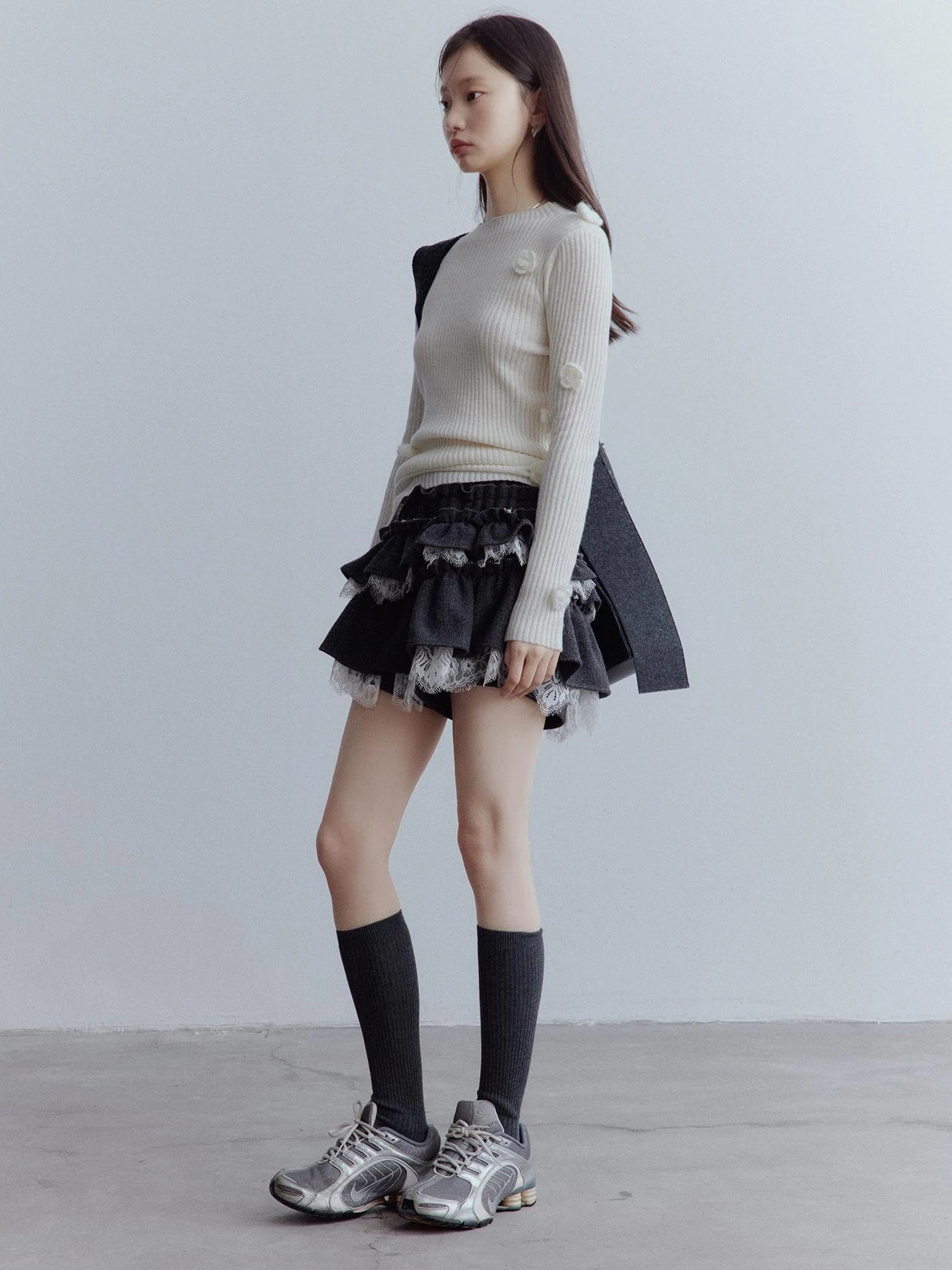 Manta Wool Lace Asymmetrical A Line Skort In Meteor Grey