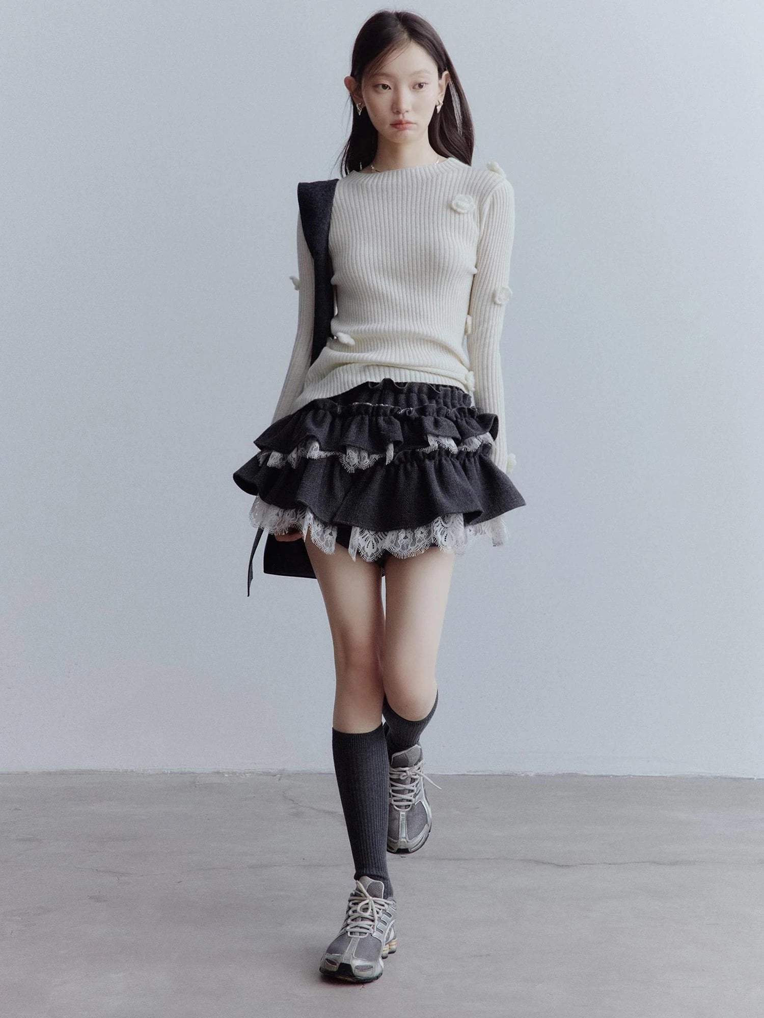 Manta Wool Lace Asymmetrical A Line Skort In Meteor Grey