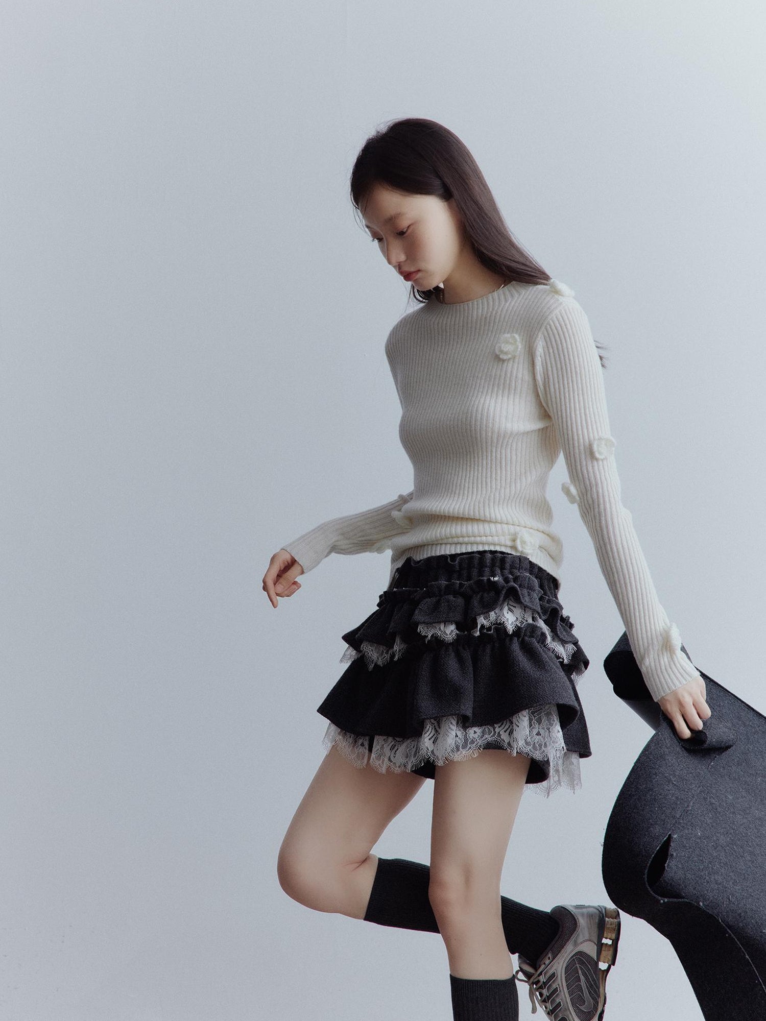 FUSSED Manta Wool Lace Asymmetrical A Line Skort In Meteor Grey