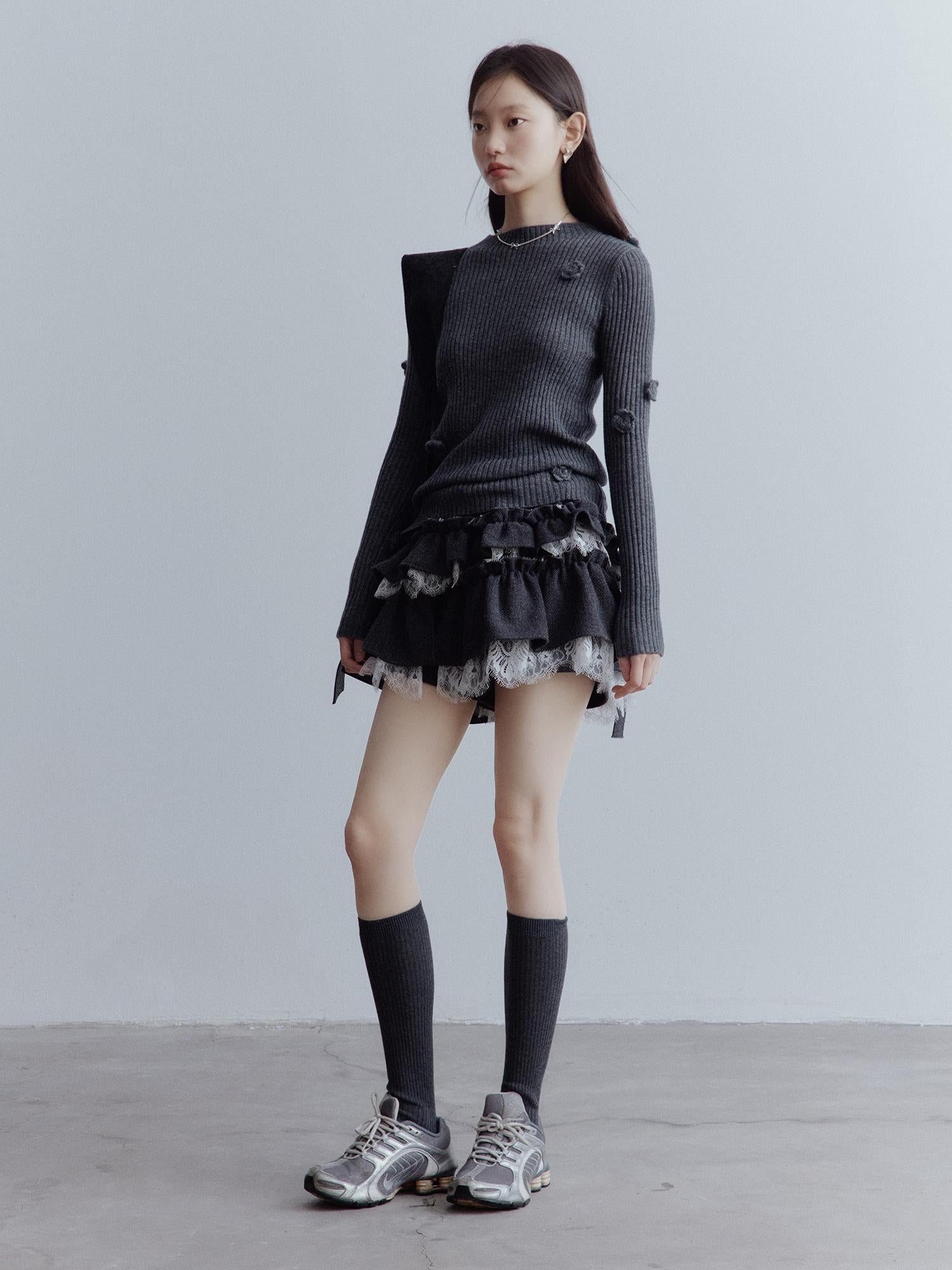 FUSSED Manta Wool Lace Asymmetrical A Line Skort In Meteor Grey