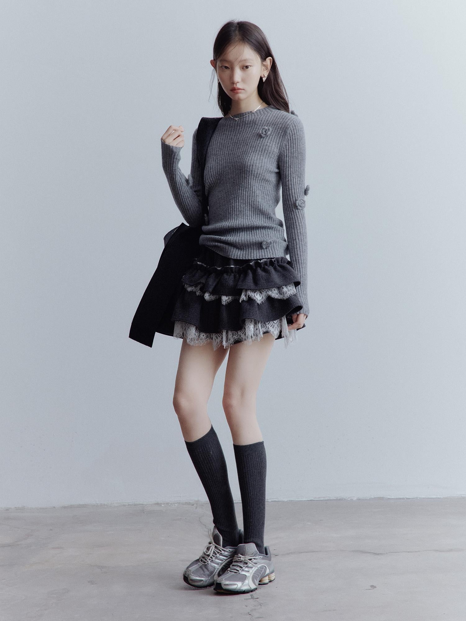 FUSSED Manta Wool Lace Asymmetrical A Line Skort In Meteor Grey