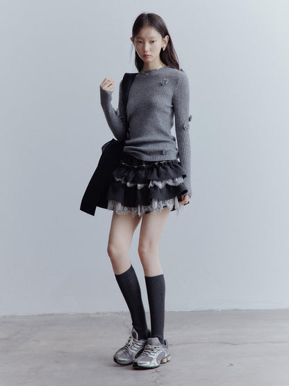 FUSSED Manta Wool Lace Asymmetrical A Line Skort In Meteor Grey