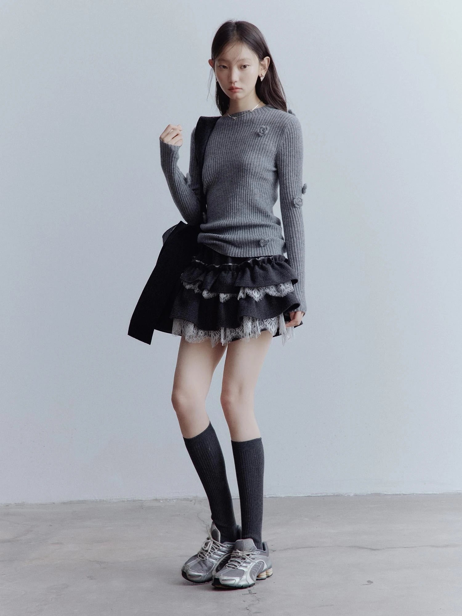 Manta Wool Lace Asymmetrical A Line Skort In Meteor Grey