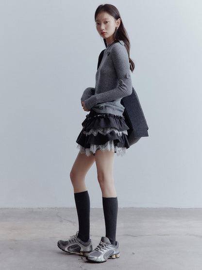 FUSSED Manta Wool Lace Asymmetrical A Line Skort In Meteor Grey