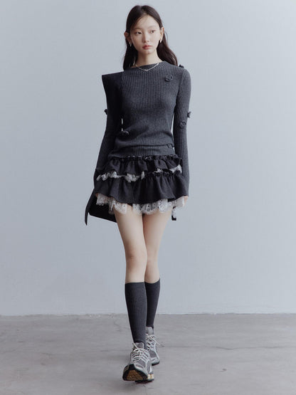 FUSSED Manta Wool Lace Asymmetrical A Line Skort In Meteor Grey