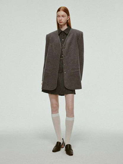 FUSSED Mercury Gray Cleanfit V-neck Oversize Single Breasted Wool Women&
