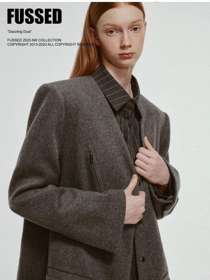 FUSSED Mercury Gray Cleanfit V-neck Oversize Single Breasted Wool Women&