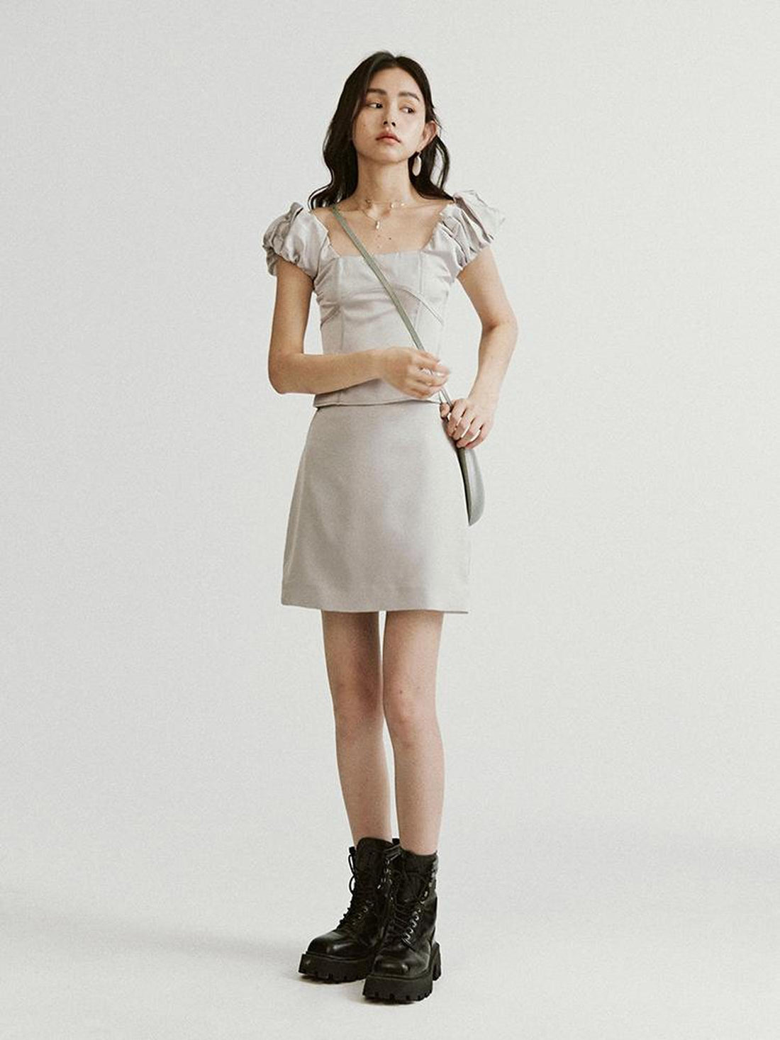 FUSSED Metallic Silver Bubble Cloud Puff Sleeve Crop Top V-neck A Line Skirt Set