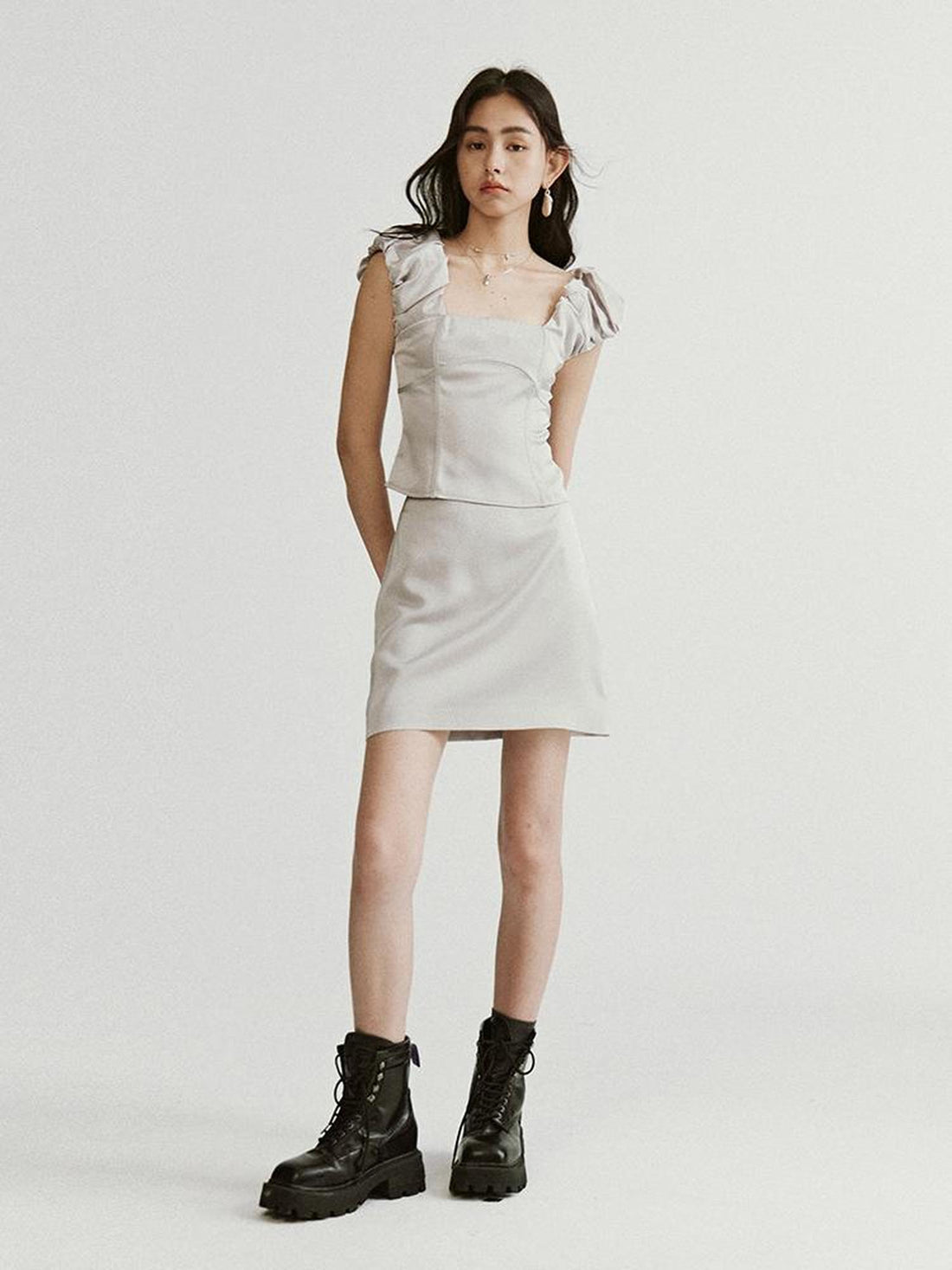 FUSSED Metallic Silver Bubble Cloud Puff Sleeve Crop Top V-neck A Line Skirt Set