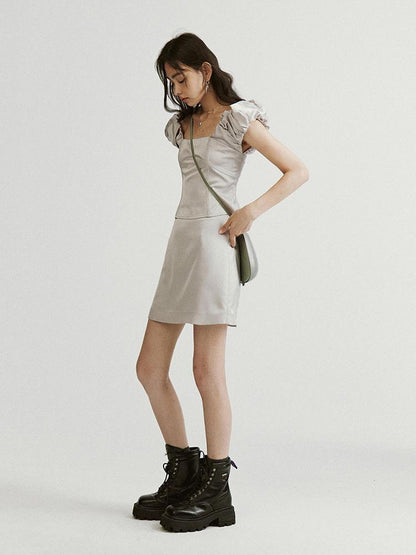 FUSSED Metallic Silver Bubble Cloud Puff Sleeve Crop Top V-neck A Line Skirt Set