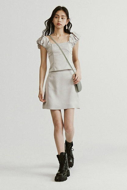 FUSSED_Metallic_Silver_Bubble_Cloud_Puff_Sleeve_Crop_Top_V_Neck_A_Line_Skirt_Set_MISSTT