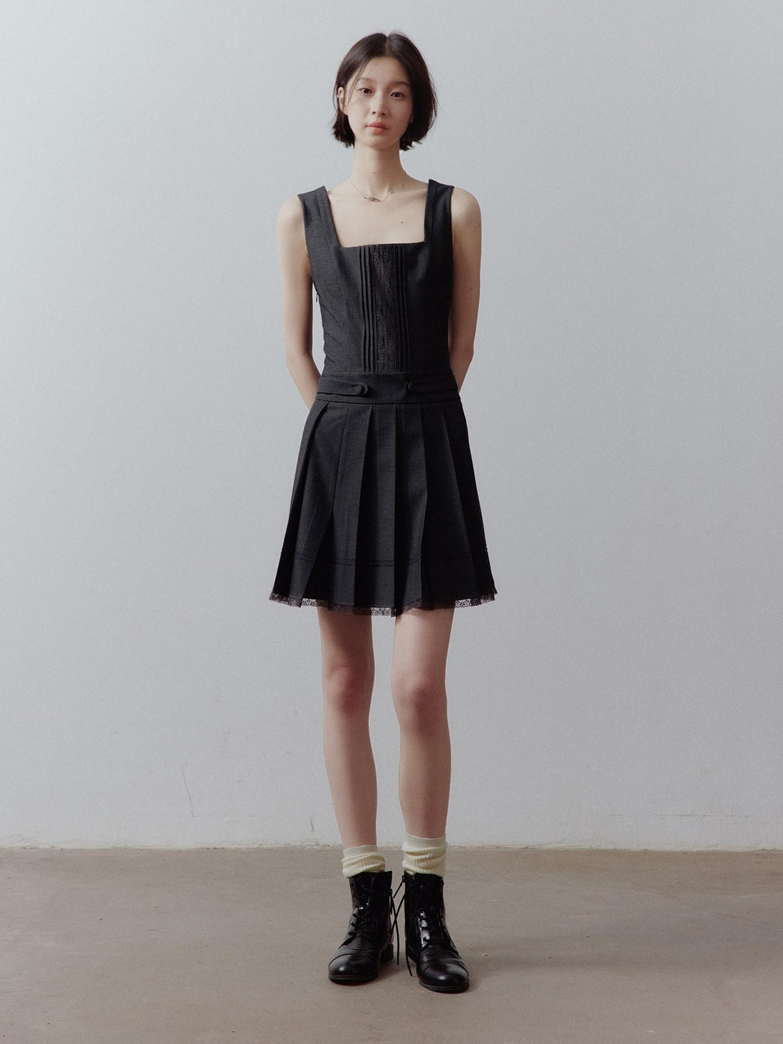 FUSSED Meteorite Gray Pleated Lace Asymmetrical Women&