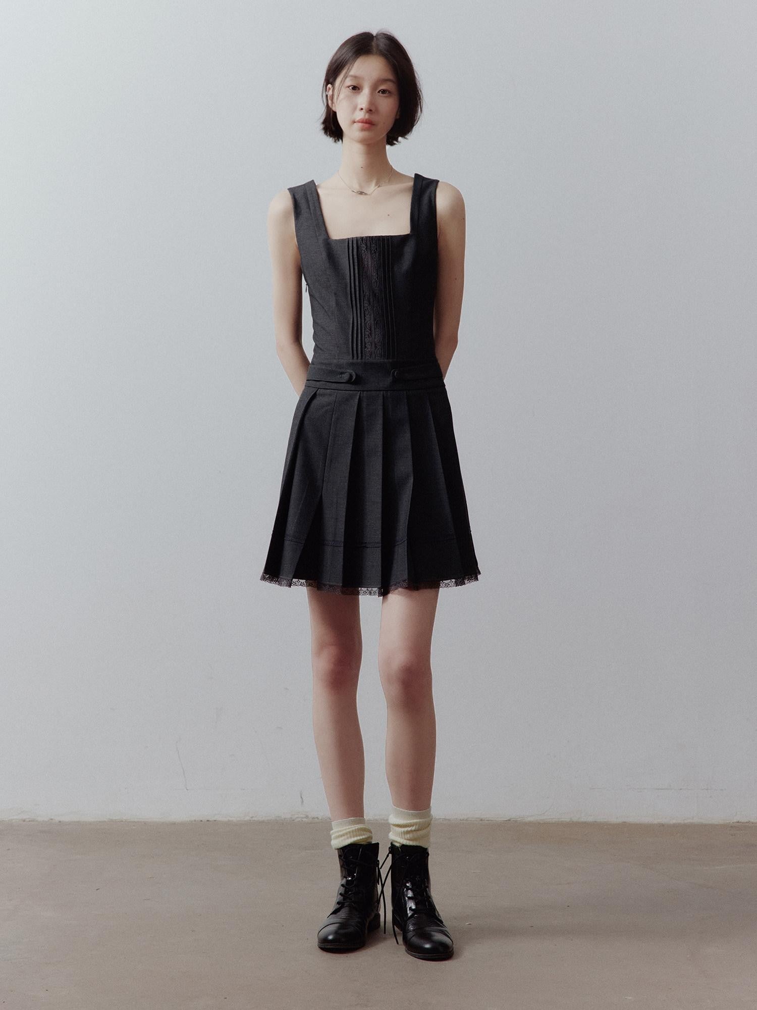 FUSSED Meteorite Gray Pleated Lace Asymmetrical Women&