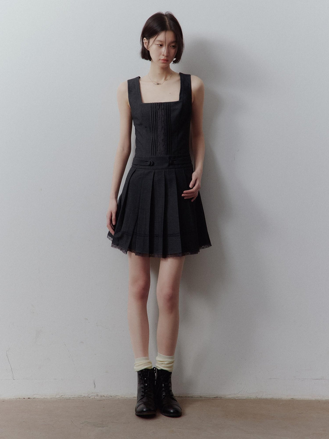 FUSSED Meteorite Gray Pleated Lace Asymmetrical Women&