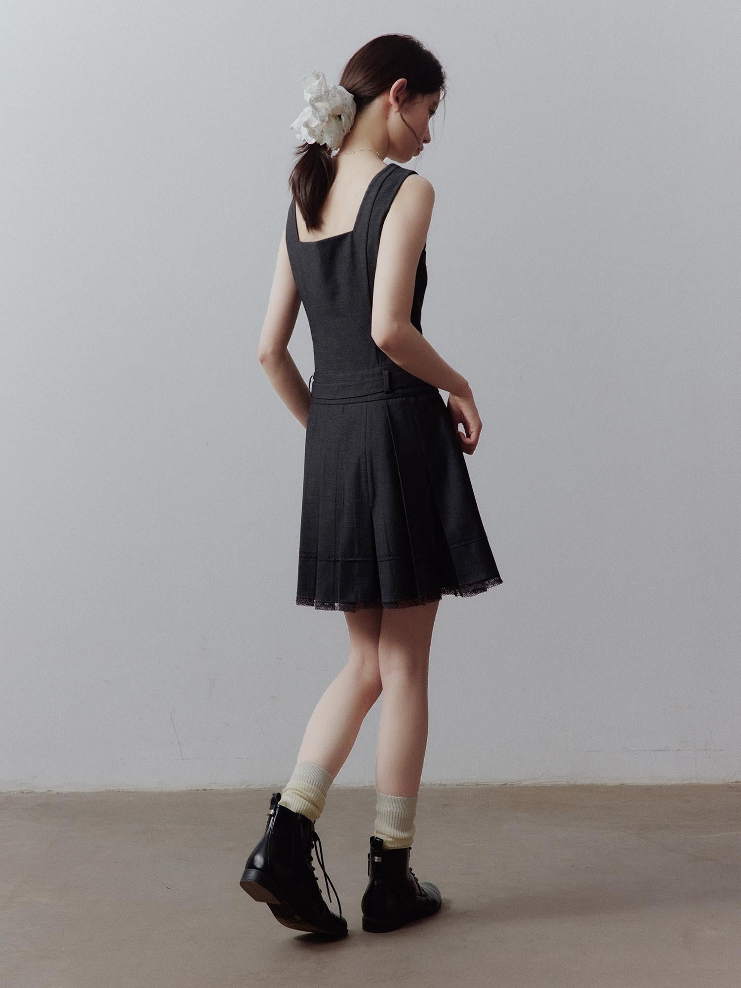 FUSSED Meteorite Gray Pleated Lace Asymmetrical Women&
