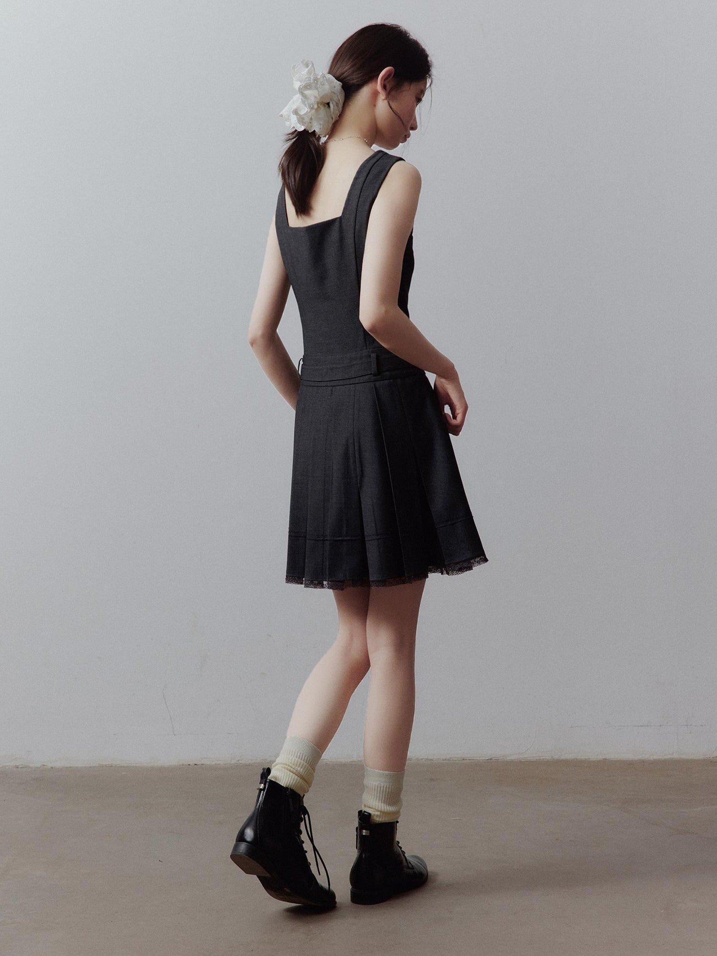 FUSSED Meteorite Gray Pleated Lace Asymmetrical Women&