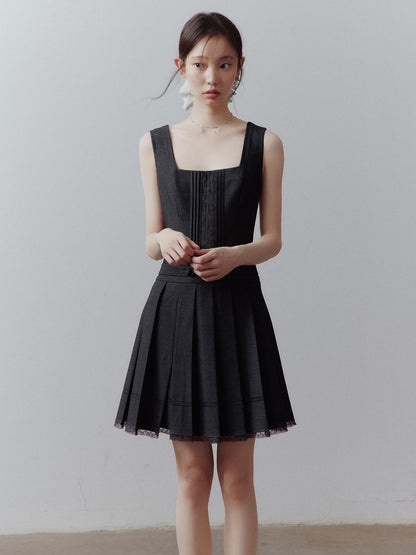 FUSSED Meteorite Gray Pleated Lace Asymmetrical Women&