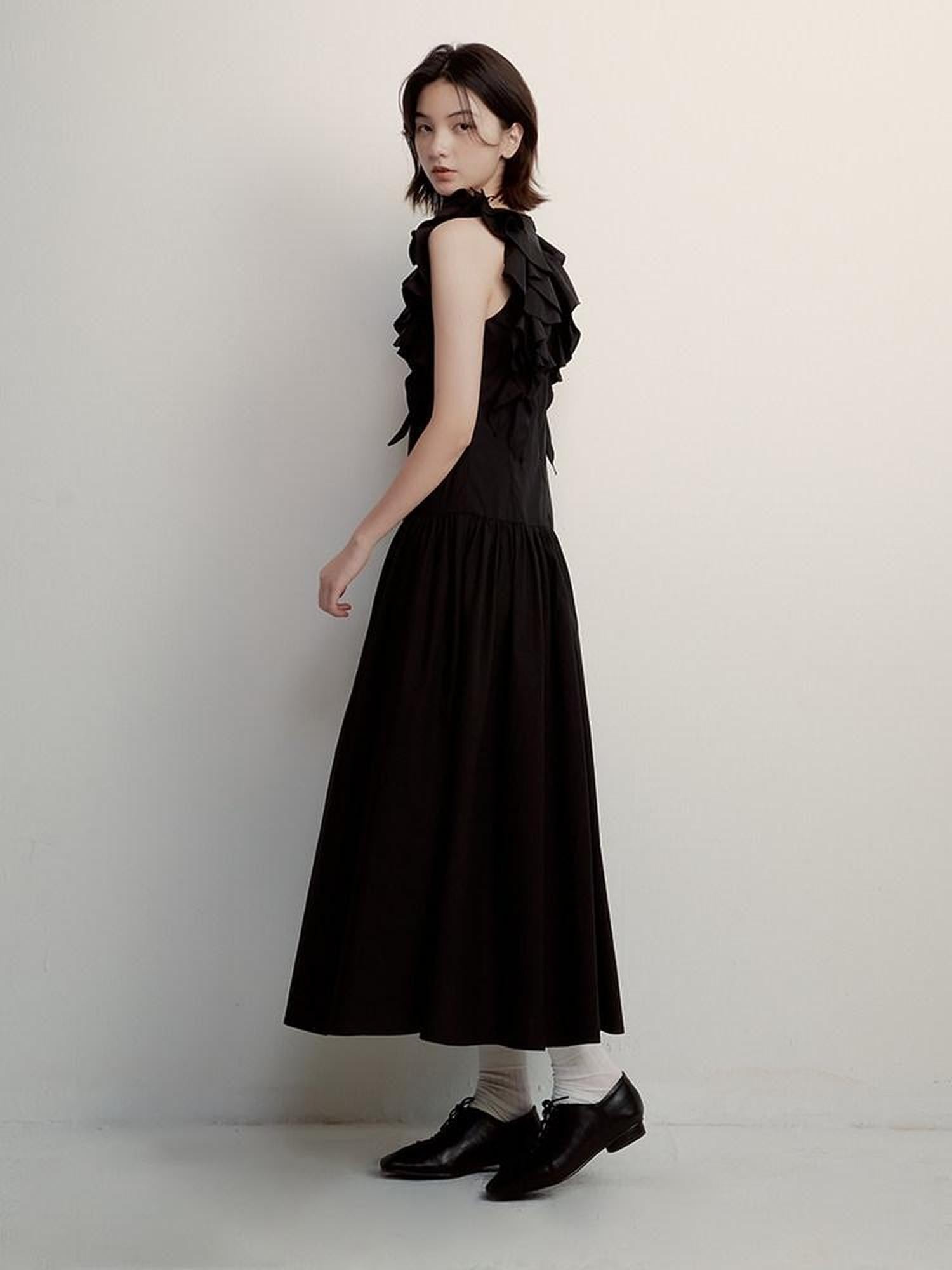 FUSSED Midnight Black Asymmetric Ruffle Sleeveless Women&