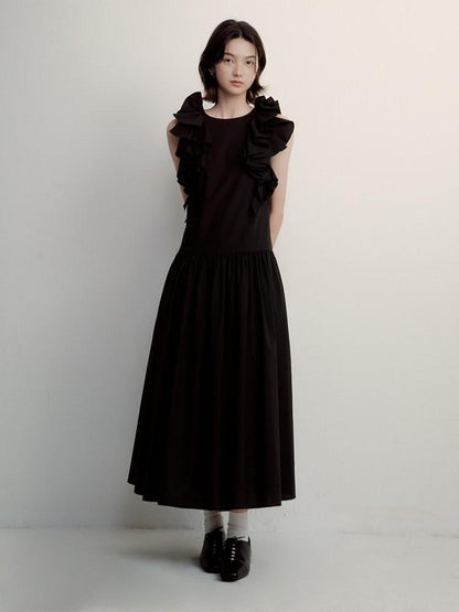 FUSSED Midnight Black Asymmetric Ruffle Sleeveless Women&