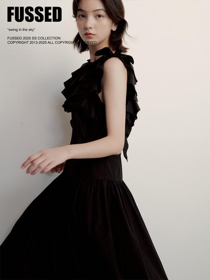 FUSSED Midnight Black Asymmetric Ruffle Sleeveless Women&