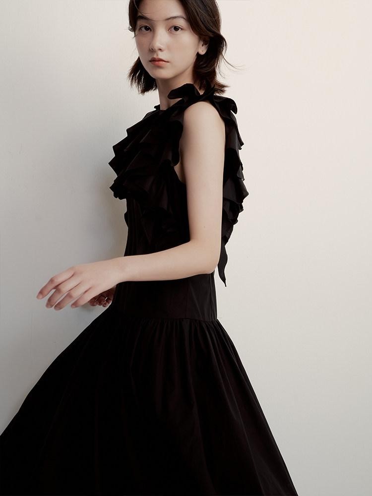 FUSSED Midnight Black Asymmetric Ruffle Sleeveless Women&