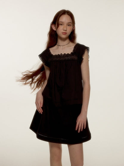 FUSSED Midnight Black Lace Cutout Splice Faux Two Piece Women&