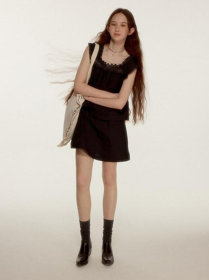 FUSSED Midnight Black Lace Cutout Splice Faux Two Piece Women&