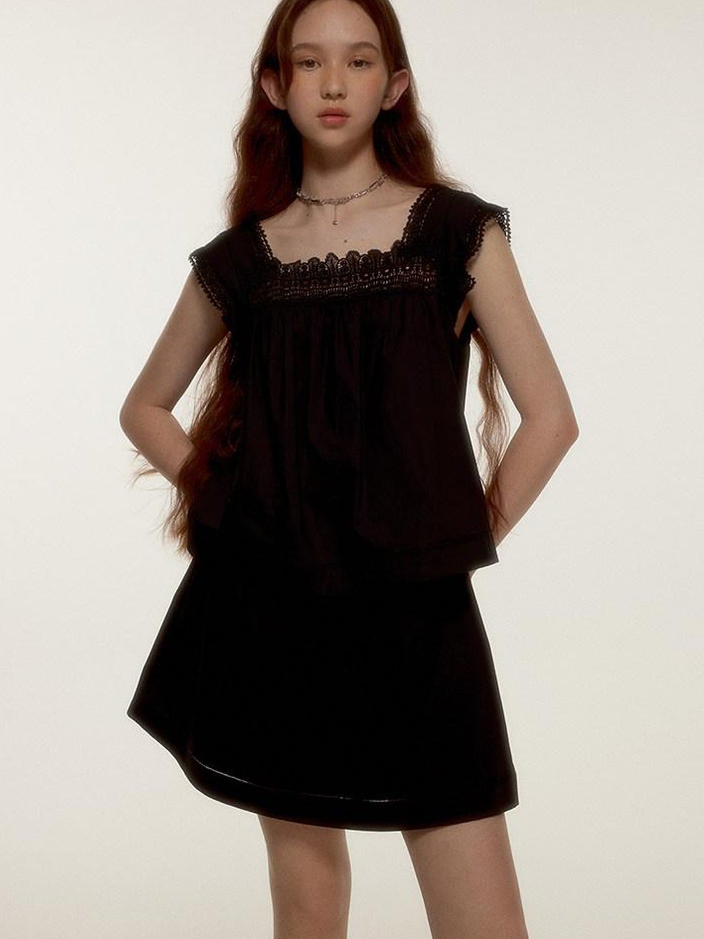 FUSSED Midnight Black Lace Cutout Splice Faux Two Piece Women&