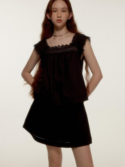 FUSSED Midnight Black Lace Cutout Splice Faux Two Piece Women&