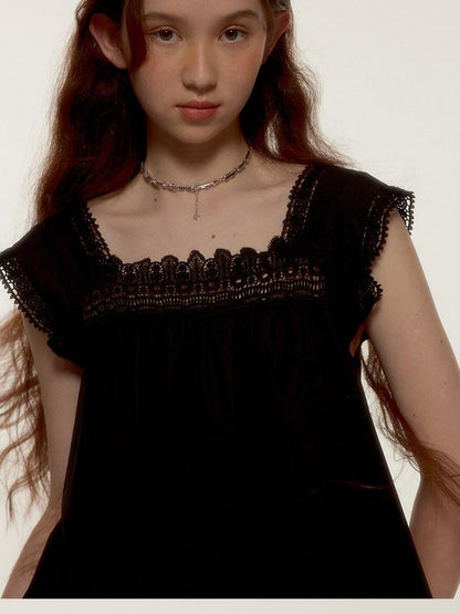 FUSSED Midnight Black Lace Cutout Splice Faux Two Piece Women&
