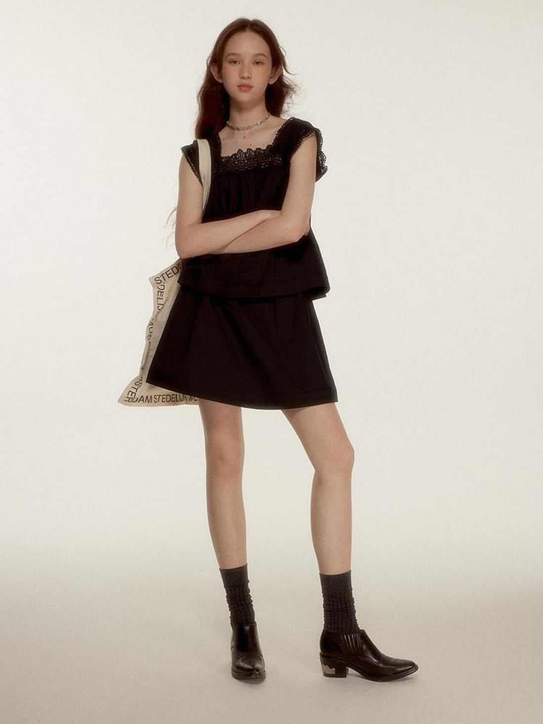 FUSSED Midnight Black Lace Cutout Splice Faux Two Piece Women&