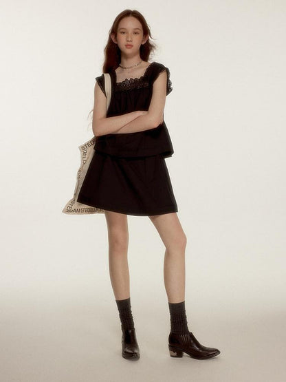 FUSSED Midnight Black Lace Cutout Splice Faux Two Piece Women&