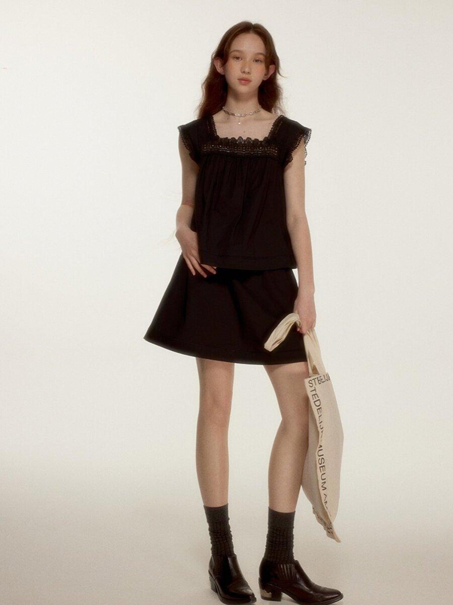 FUSSED Midnight Black Lace Cutout Splice Faux Two Piece Women&
