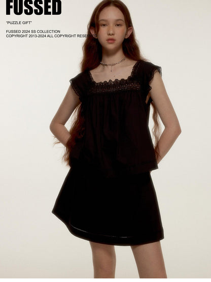 FUSSED Midnight Black Lace Cutout Splice Faux Two Piece Women&